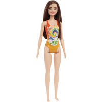 MATTEL HDC49 Barbie Beach Puppe im orangenen Badeanzug mit Hippie-Flower von Barbie