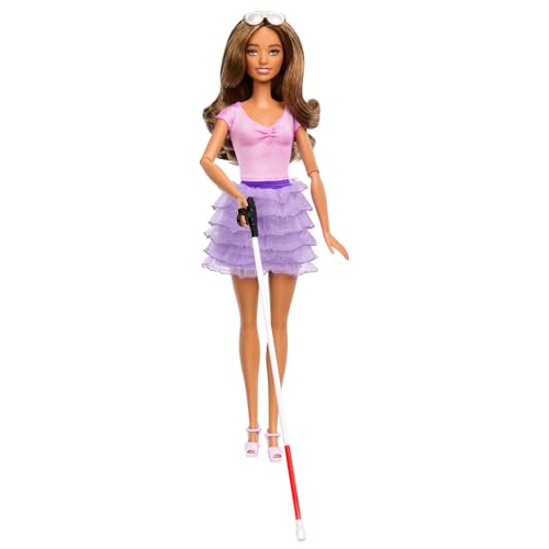 Barbie Fashionistas Puppe, blinde Puppe mit pinkem Oberteil, Rock mit Rüschen, Blindenstock und Sonnenbrille, entwickelt in Partnerschaft mit „American Foundation for the Blind“,ab 3 Jahre, HRH17 von Barbie