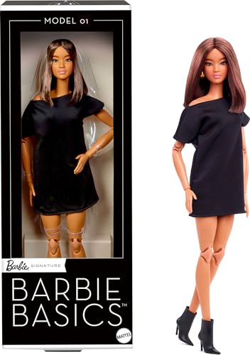 Mattel Barbie Basics-Modell 1, Sammlerpuppe mit brünetten Haaren, schwarzem Minikleid und Schuhen, Mode in universeller Passform, beweglichem Körper und austauschbarem Kopf, JBH72 von Barbie