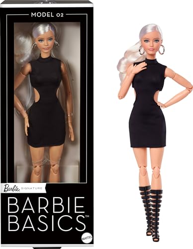 Mattel Barbie Basics-Modell 2, Sammlerpuppe mit blonden Haaren, schwarzem Minikleid und Gladiatorstiefeln, Mode in universeller Passform, beweglichem Körper und austauschbarem Kopf, JBH71 von Barbie