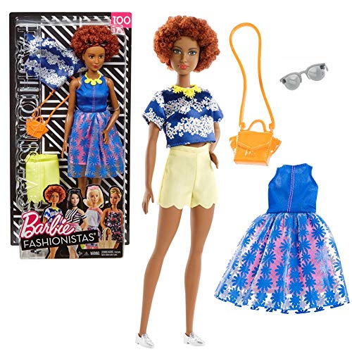 Mattel Barbie FRY80 Fashionistas Puppe mit Mode Geschenkset im blauen Oberteil mit Blumenmuster mit gelber Kette von Barbie