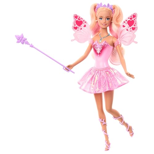 Mattel Barbie-Puppe Fee mit Spielzeugzauberstab und Mode-Accessoires, Fantasiethema mit Farbwechsel bei Flügeln und Outfit, JCP76 von Barbie