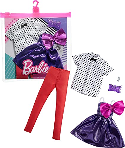 Mattel - Barbie and Ken Fashion 2-Pack, Purple Dress with Bow and White Polka Dot Shirt with Bow Tie and Red Pants von Barbie