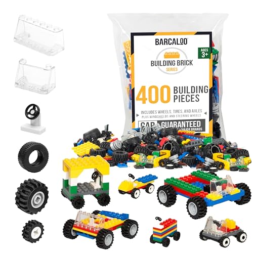 Barcaloo 400 Stück Räder und Achsen Sets, Bausteine Autoteile und Teile Kit - Auto Bauset mit Rädern, Achsen & Windschutzscheiben und Bonus Bricks von Barcaloo