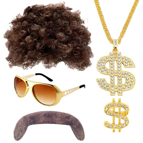 BaronHong 70er 80er Disco-Perücke, Schnurrbart, Brillenkette | Kurzes braunes Herren-Kostüm im 60er-Jahre-Stil, Sänger, Rocker, Hippies, Cosplay-Set (PE927L22SET, M) von BaronHong