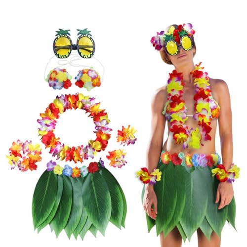 BaronHong 7er-Pack Hawaiianischer Hula-Rock mit Blumenblättern, Kostümzubehör-Set für die Hawaii-Luau-Party (grün, M) von BaronHong