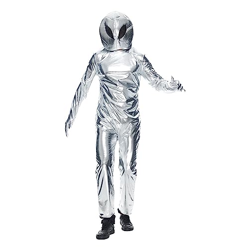 BaronHong Alien-Kostüm für Erwachsene, Unisex, Cosplay, Halloween, Außerirdischer Weltraum, metallischer Jumpsuit-Bodysuit mit Kapuze (weiß, M) von BaronHong