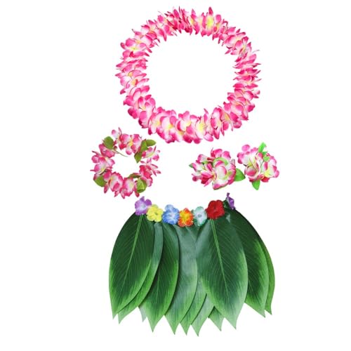 BaronHong Blätterrock, hawaiianischer Hula-Grasrock mit Blumenketten für Frauen, Mädchen, Männer, Luau-Party-Kleid-Outfits (Pink-B, L) von BaronHong