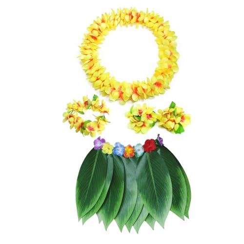 BaronHong Blätterrock, hawaiianischer Hula-Grasrock mit Blumenketten für Frauen, Mädchen, Männer, Luau-Party-Kleid-Outfits (gelb-B, L) von BaronHong