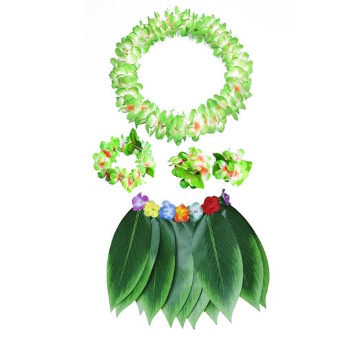 BaronHong Blätterrock, hawaiianischer Hula-Grasrock mit Blumenketten für Frauen, Mädchen, Männer, Luau-Party-Kleid-Outfits (grün-B, L) von BaronHong