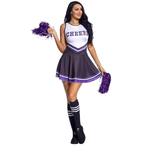 BaronHong Cheerleader-Kostüm für Damen, Musikuniform, komplettes Kostüm + Cheerleading-Pompons + Socken (lila-schwarz, S) von BaronHong