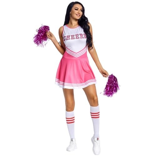 BaronHong Cheerleader-Kostüm für Damen, Musikuniform, komplettes Kostüm + Cheerleading-Pompons + Socken (pink, XL) von BaronHong