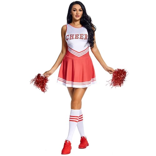 BaronHong Cheerleader-Kostüm für Damen, Musikuniform, komplettes Kostüm + Cheerleading-Pompons + Socken (rot, S) von BaronHong