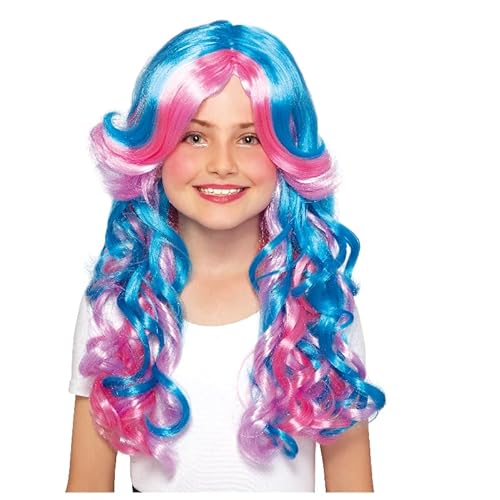 BaronHong Cosplay-Perücke für Kinder, Mädchen, zweifarbig, lang, lockig, süße Perücken für Märchen, Cosplay, Anime, Halloween, Schulrollenspiele (pink-blau, M) von BaronHong