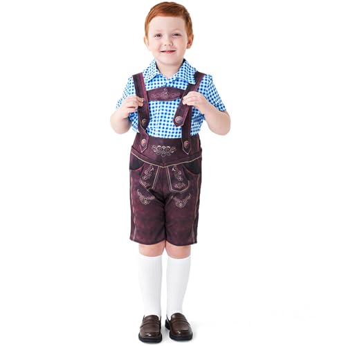 BaronHong Deutsches Oktoberfest-Kostüm für Kinder und Jungen, Lederhosen, Shorts, Hemd, Socken, traditionelles bayerisches Halloween-Outfit, 3-teiliges Set (blau, L) von BaronHong