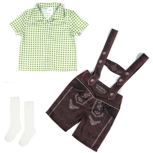 BaronHong Deutsches Oktoberfest-Kostüm für Kinder und Jungen, Lederhosen, Shorts, Hemd, Socken, traditionelles bayerisches Halloween-Outfit, 3-teiliges Set (grün, L) von BaronHong