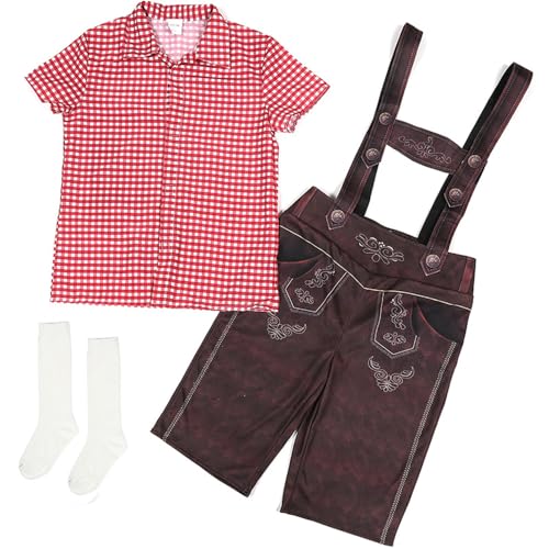 BaronHong Deutsches Oktoberfest-Kostüm für Kinder und Jungen, Lederhosen, Shorts, Hemd, Socken, traditionelles bayerisches Halloween-Outfit, 3-teiliges Set (rot, L) von BaronHong