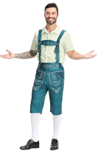 BaronHong Deutsches Oktoberfest-Kostümset für Herren, kariertes Hemd, Hose, bayerische Shorts, Outfit für Rollenspiele, Halloween (grün, 2XL) von BaronHong