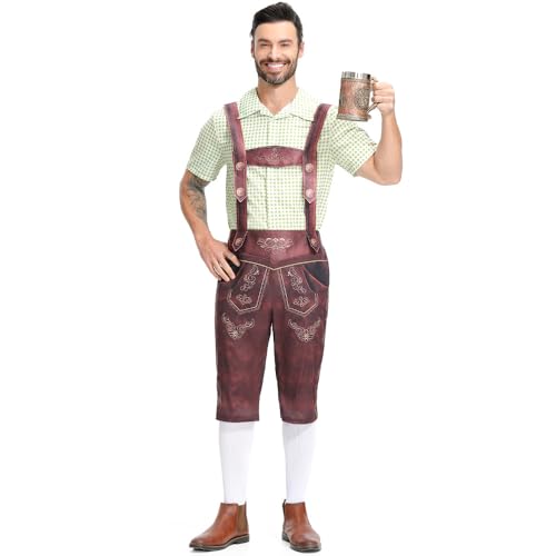 BaronHong Deutsches Oktoberfest-Kostümset für Herren, kariertes Hemd, Hose, bayerische Shorts, Outfit für Rollenspiele, Halloween (grün-braun, L) von BaronHong