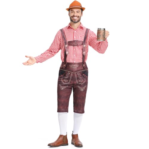 BaronHong Deutsches Oktoberfest-Kostümset für Herren, kariertes Hemd, Hose, bayerische Shorts, Outfit für Rollenspiele, Halloween (rotbraun, 2XL) von BaronHong