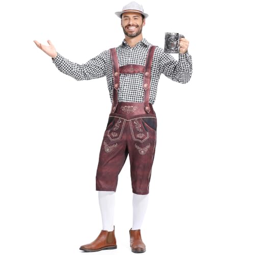 BaronHong Deutsches Oktoberfest-Kostümset für Herren, kariertes Hemd, Hose, bayerische Shorts, Outfit für Rollenspiele, Halloween (schwarz-braun, 2XL) von BaronHong