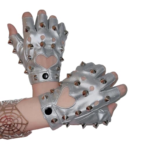 BaronHong Fingerlose Handschuhe mit Herznieten aus PU-Kunstleder, Gothic-Cosplay-Kostüm, Punk-Halloween-Performance für Damen (Silber, M) von BaronHong