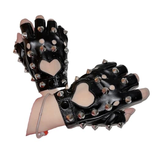 BaronHong Fingerlose Handschuhe mit Herznieten aus PU-Kunstleder, Gothic-Cosplay-Kostüm, Punk-Halloween-Performance für Damen (schwarz, M) von BaronHong