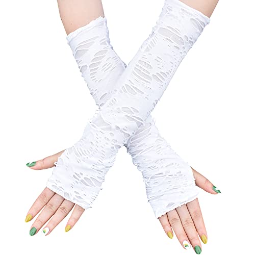 BaronHong Fingerlose Punk-Handschuhe für Damen, Armstulpen, schwarz, mit gebrochenem Schlitz, zerrissen, gotische lange Handschuhe für Halloween-Kostümparty (weiß, M) von BaronHong