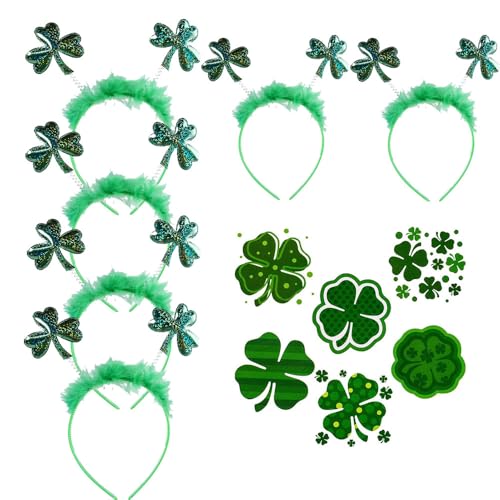 BaronHong Grünes Kleeblatt, 1 Stirnband + 2 Armbänder + 3 Halsketten mit Anhänger + 1 Satz Aufkleber für Partyzubehör zum St. Patrick's Day (B, M) von BaronHong