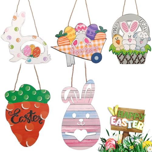 BaronHong Holzschild zum Aufhängen „Frohe Ostern“ – Oster-Türdekoration, bunte Eier, Hasen-Schild, Oster-Holzkranz-Schild (6er-Pack, M) von BaronHong