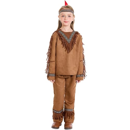 BaronHong Indianer-Outfit für Jungen und Mädchen, Indianer-Kleid, ausgefallenes Halloween-Kleidungsset mit Fransen und Stirnband (braun, L) von BaronHong