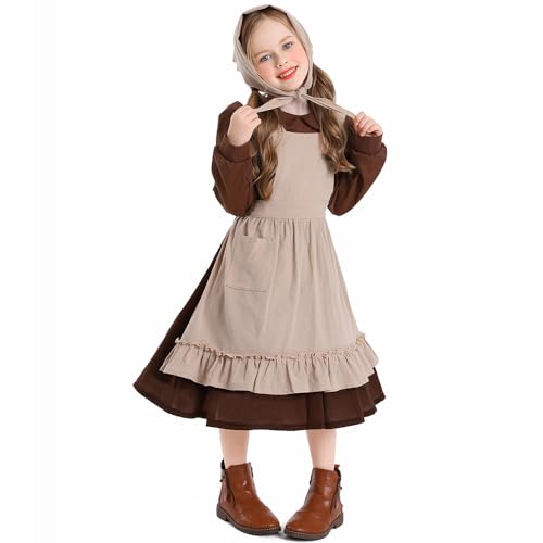 BaronHong Koloniales Prärie-Kostümkleid für Mädchen, Dienstmädchenkleid für Kinder, viktorianisches Dienstmädchenkostüm mit Schürzenmütze (Kaffee, L) von BaronHong