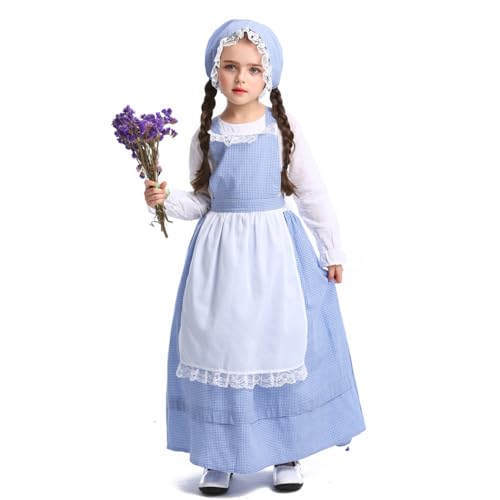 BaronHong Kolonialkostüm für Mädchen, Pionierkleid, langärmliges Kleid mit Hut und Schürze, Prinzessinnen-Party, Halloween-Kostümkleid (blau, L) von BaronHong