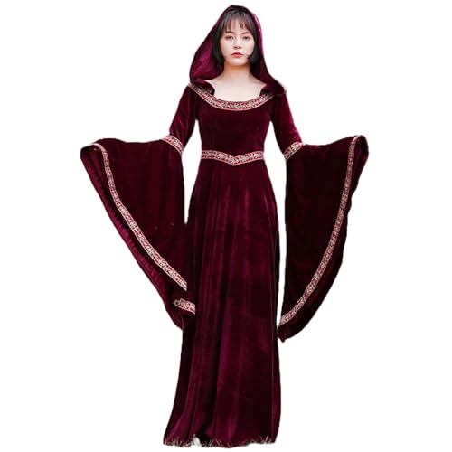 BaronHong Mittelalterliches Prinzessinnenkostüm, Renaissance-Kostüm für Damen, mit Kapuze, Kleid, Halloween, Cosplay (rot, M) von BaronHong