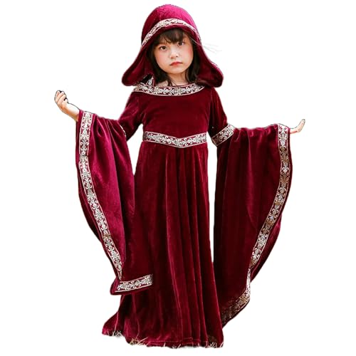 BaronHong Mittelalterliches Prinzessinnenkostüm für Mädchen, Renaissance-Kostüm, Robe mit Kapuze für Kinder, Halloween, Cosplay (rot, M) von BaronHong