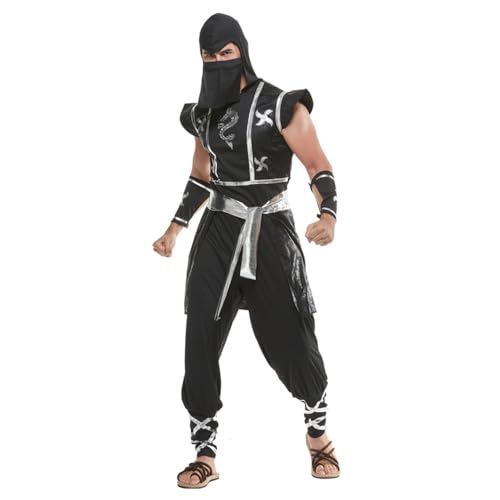 BaronHong Ninja-Halloween-Kostüm für Erwachsene, Herren, japanisches Ninja-Drachekostüm mit Kapuze, Hemd, Hose, Maske, Gürtel, Armbändern (schwarz, L) von BaronHong