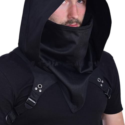 BaronHong Ninja Rogue Cowl Steampunk Mittelalter Kapuzenmütze Gothic Cape Kostüm für Halloween Cosplay Verstellbarer Gürtel Alltagskleidung (schwarz, M) von BaronHong