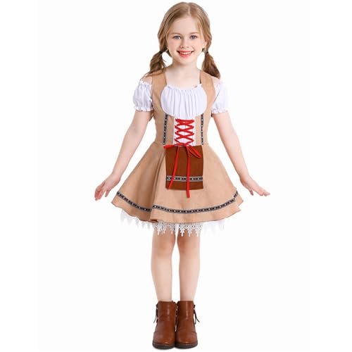 BaronHong Oktoberfest-Kostüm für Mädchen, Kinder, Teenager, traditionelles deutsches bayerisches Dirndlkleid mit Dienstmädchenschürze, Halloween-Outfit (braun, L) von BaronHong