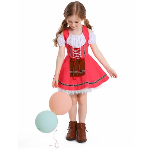 BaronHong Oktoberfest-Kostüm für Mädchen, Kinder, Teenager, traditionelles deutsches bayerisches Dirndlkleid mit Dienstmädchenschürze, Halloween-Outfit (pink, L) von BaronHong