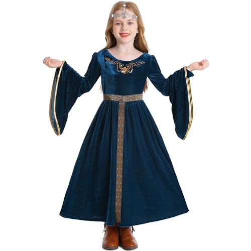 BaronHong Renaissance-Kleid für Mädchen, mittelalterliches viktorianisches Prinzessinnen-Königin-Kostüm, Outfit, Robe, Verkleidung für Kinder (blau, S) von BaronHong