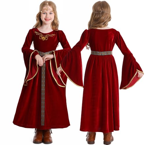 BaronHong Renaissance-Kleid für Mädchen, mittelalterliches viktorianisches Prinzessinnen-Kostüm, Königin, Outfit, Robe, Ankleiden für Kinder (rot, M) von BaronHong