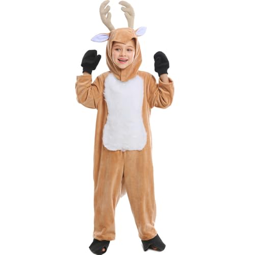 BaronHong Rentierkostüme für Kinder | Weihnachts-Onesie-Hirsch-Outfit für Jungen und Mädchen | Kopfbedeckung inklusive (Khaki, XL) von BaronHong