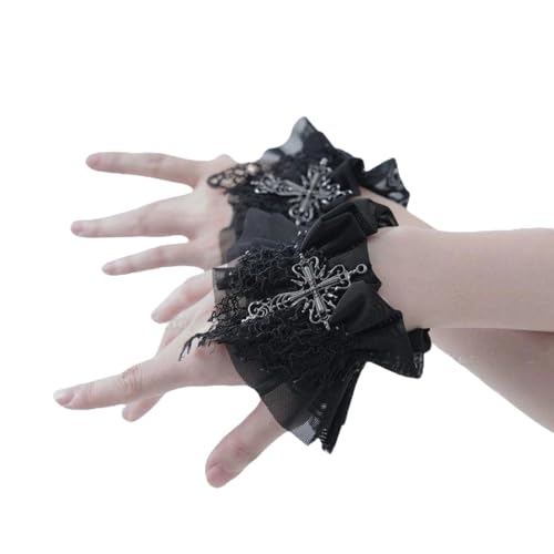 BaronHong Spitzenmanschetten für Damen, Gothic-Handgelenkmanschetten, abnehmbare falsche Ärmelmanschetten für Halloween, falsches Armband, Ärmelmanschetten für Kostüme (schwarz, M) von BaronHong