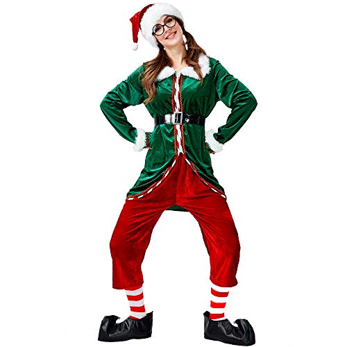 BaronHong Unisex-Weihnachtselfenkostüm für Erwachsene, 6-teilig, Samt, Weihnachtsmannhelfer, Urlaubs-Cosplay-Outfit (grün, L) von BaronHong