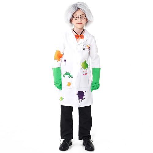 BaronHong Verrückter Wissenschaftler für Kinder, Halloween-Kostüm für Kinderwissenschaftler mit Jacke, Perücke, Brille und Handschuhen (weiß, M) von BaronHong