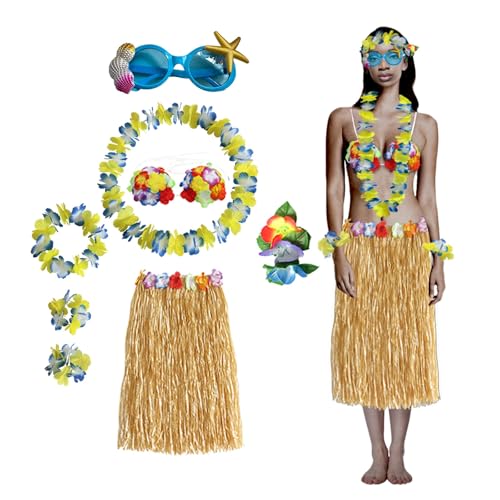 Bastrock für Erwachsene, Hula-Rock für Damen für hawaiianische Luau-Party-Outfits mit Blumenketten und Sonnenbrille (blau, M) von BaronHong