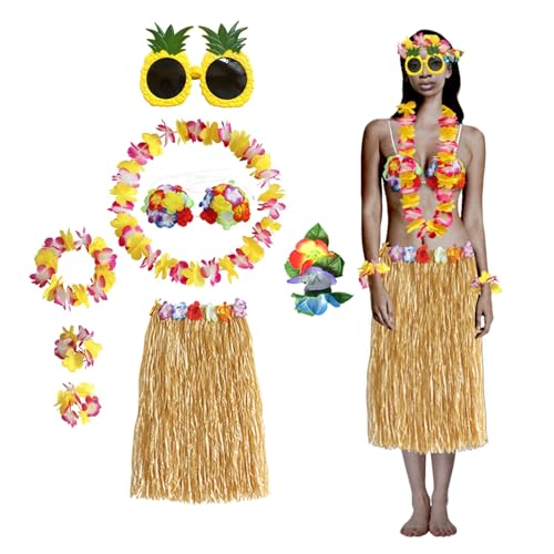 Bastrock für Erwachsene, Hula-Rock für Damen für hawaiianische Luau-Party-Outfits mit Blumenketten und Sonnenbrille (gelb, M) von BaronHong