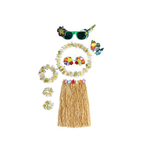 Bastrock für Erwachsene, Hula-Rock für Damen für hawaiianische Luau-Party-Outfits mit Blumenketten und Sonnenbrille (grün, M) von BaronHong