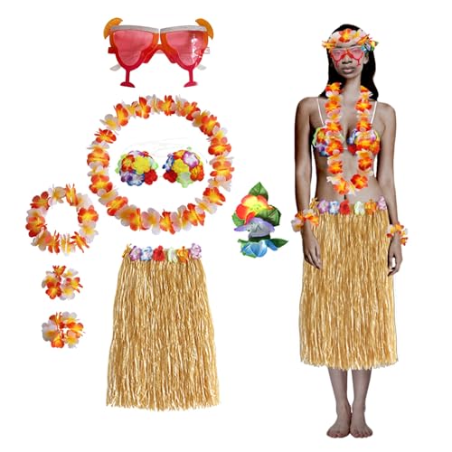 Bastrock für Erwachsene, Hula-Rock für Damen für hawaiianische Luau-Party-Outfits mit Blumenketten und Sonnenbrille (orange, M) von BaronHong