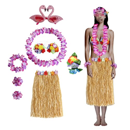 Bastrock für Erwachsene, Hula-Rock für Damen für hawaiianische Luau-Party-Outfits mit Blumenketten und Sonnenbrille (pink, M) von BaronHong